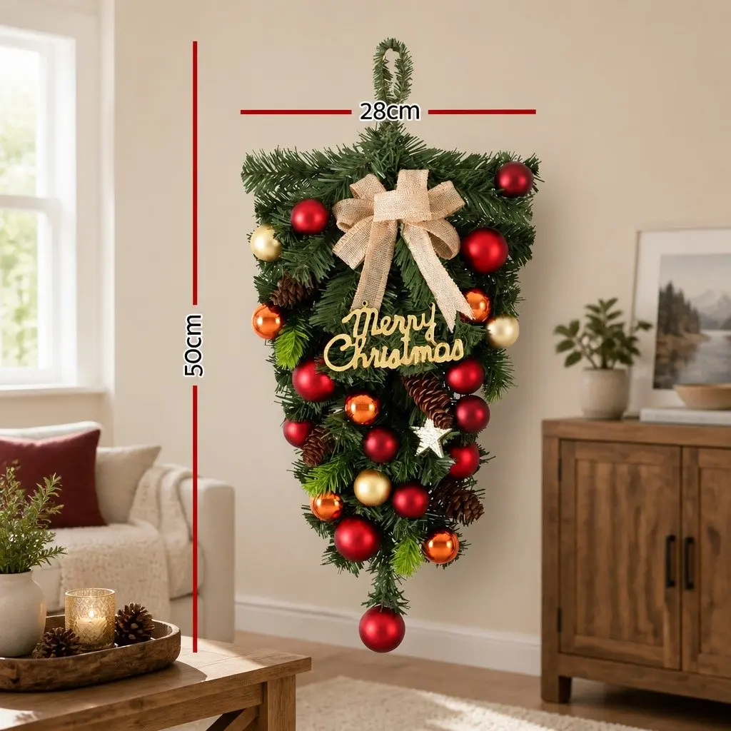 Hanging Christmas Garland 50CM Green Decorative Baubles Pinecone Bowtie Accents