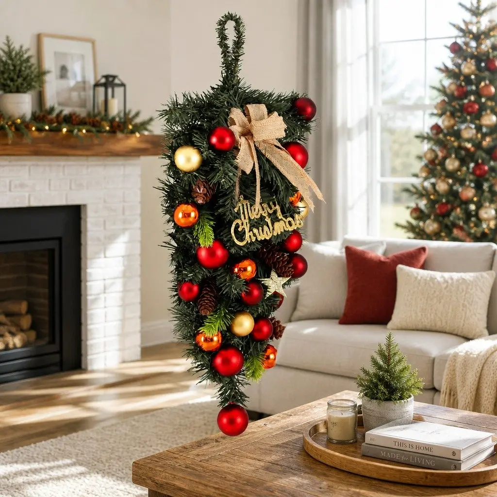 Hanging Christmas Garland 50CM Green Decorative Baubles Pinecone Bowtie Accents