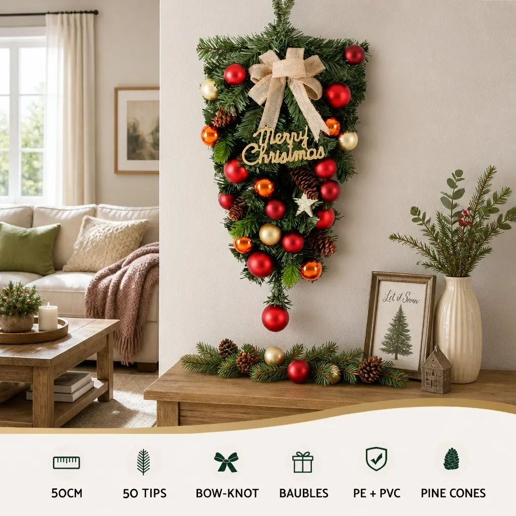 Hanging Christmas Garland 50CM Green Decorative Baubles Pinecone Bowtie Accents