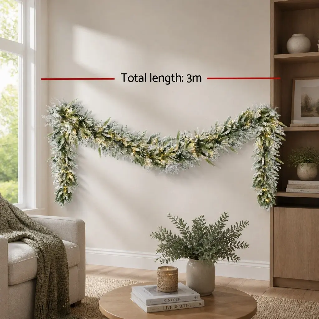 Christmas Garland 3 Metre Pre-lit Warm White LED Lights Snow Frosted Green Indoor Outdoor