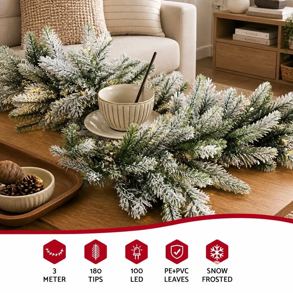 Christmas Garland 3 Metre Pre-lit Warm White LED Lights Snow Frosted Green Indoor Outdoor