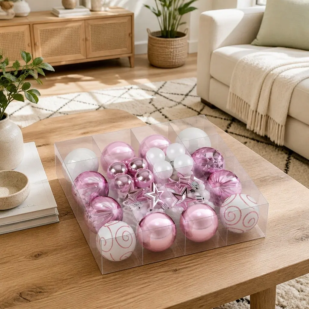 33-Piece Festive Ornament Set in Pink and White