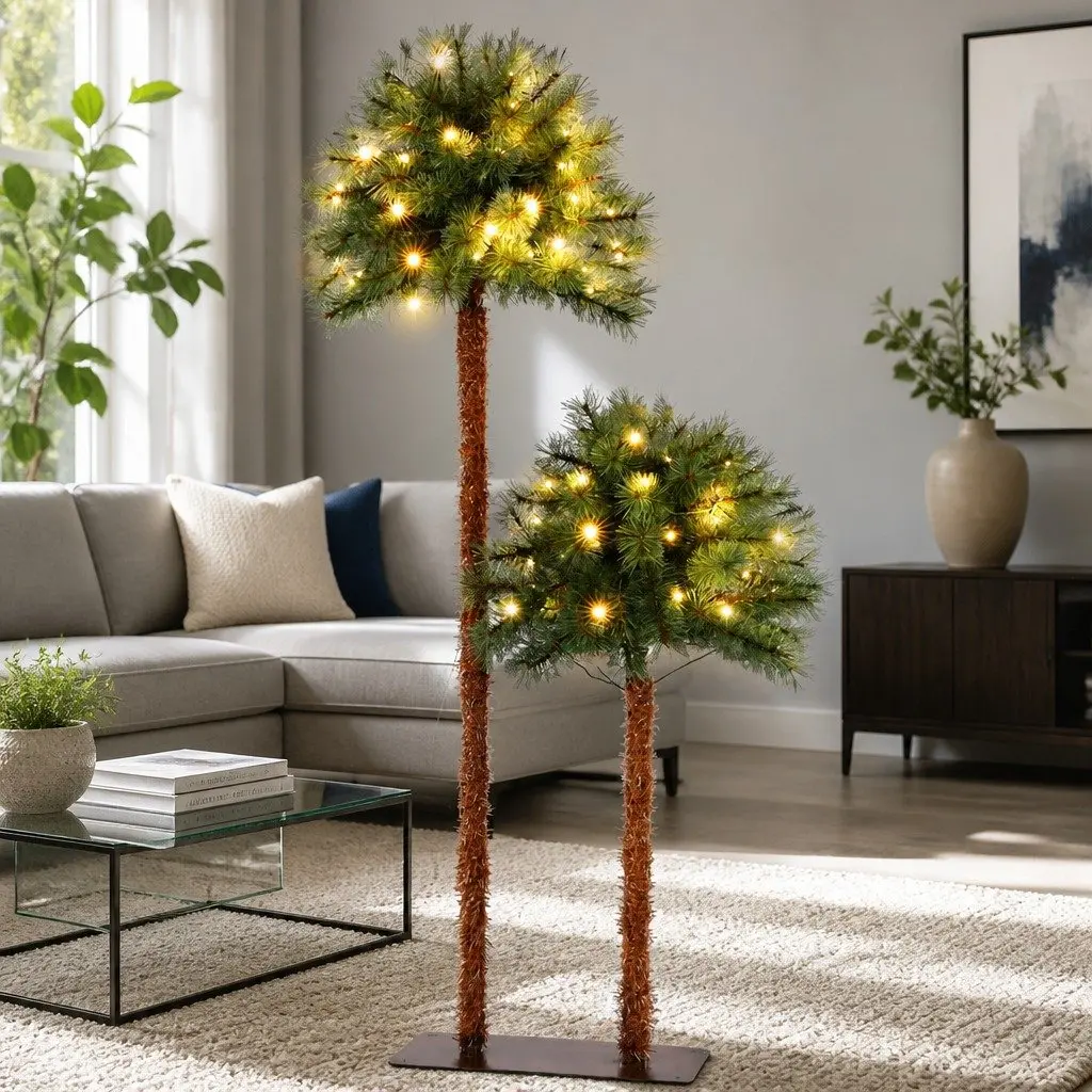Christmas Palm Tree Set 1.5m 1m LED Warm Light Tropical Decorations Indoor Outdoor