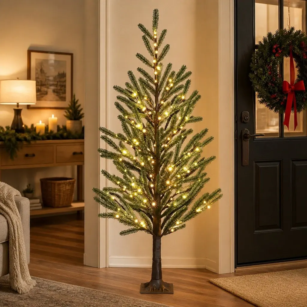 Pre-lit Christmas Tree 1.8M Green Artificial with Warm White LED Lights and 8 Flashing Modes