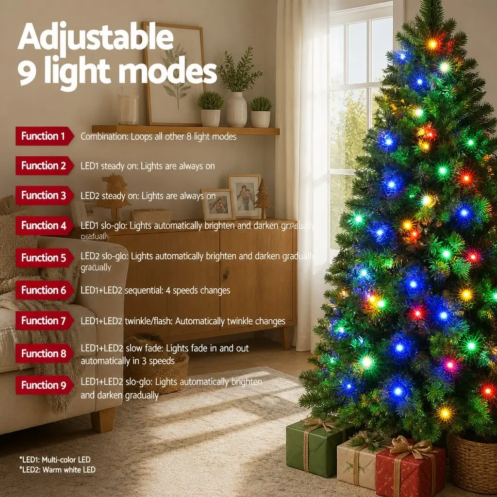 Christmas Tree 1.8M Pre-Lit 200 LED Multi Colour 8 Mode Green 544 Tips