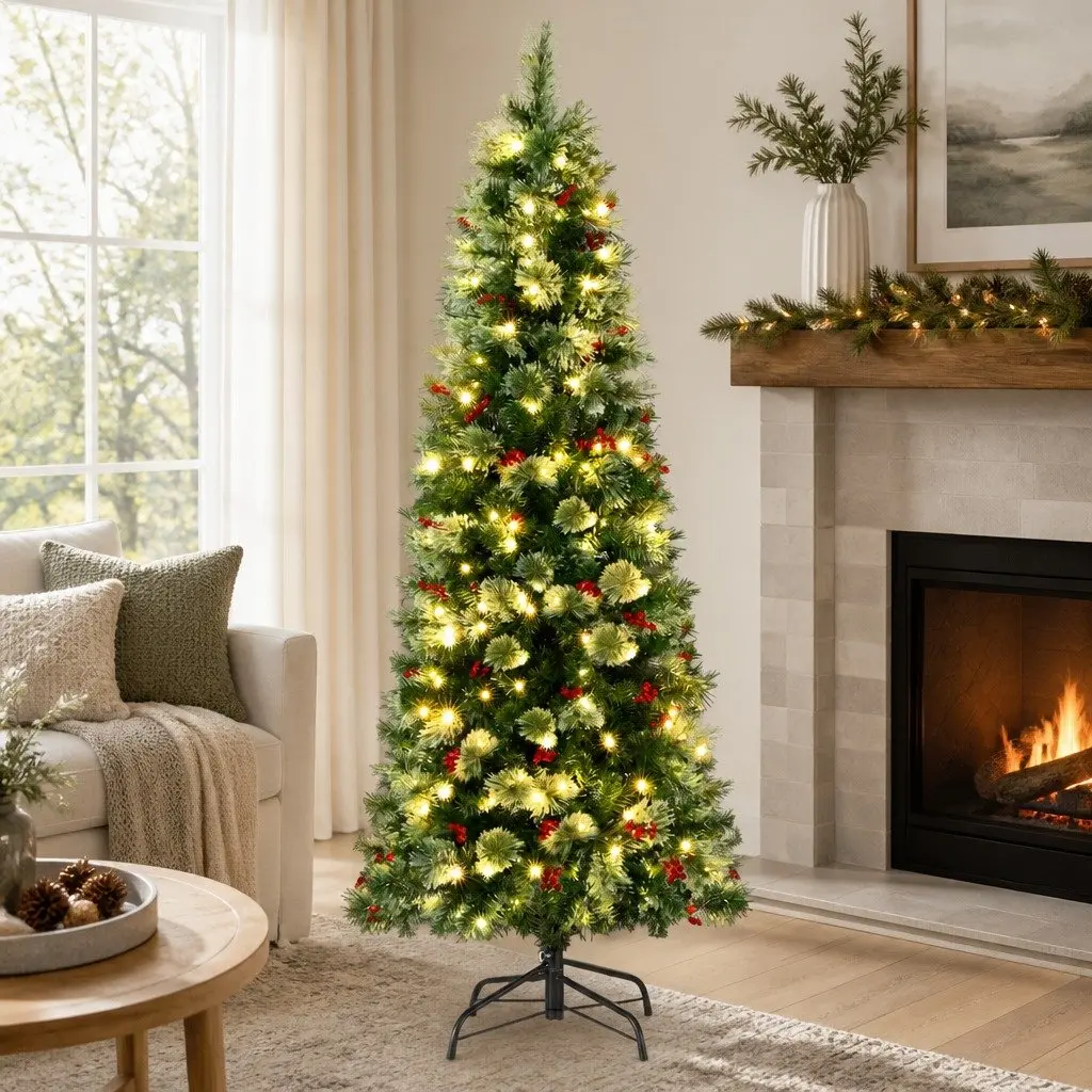 Christmas Tree 180cm LED Pre-lit Pine Tree with Red Berries for Home Decoration