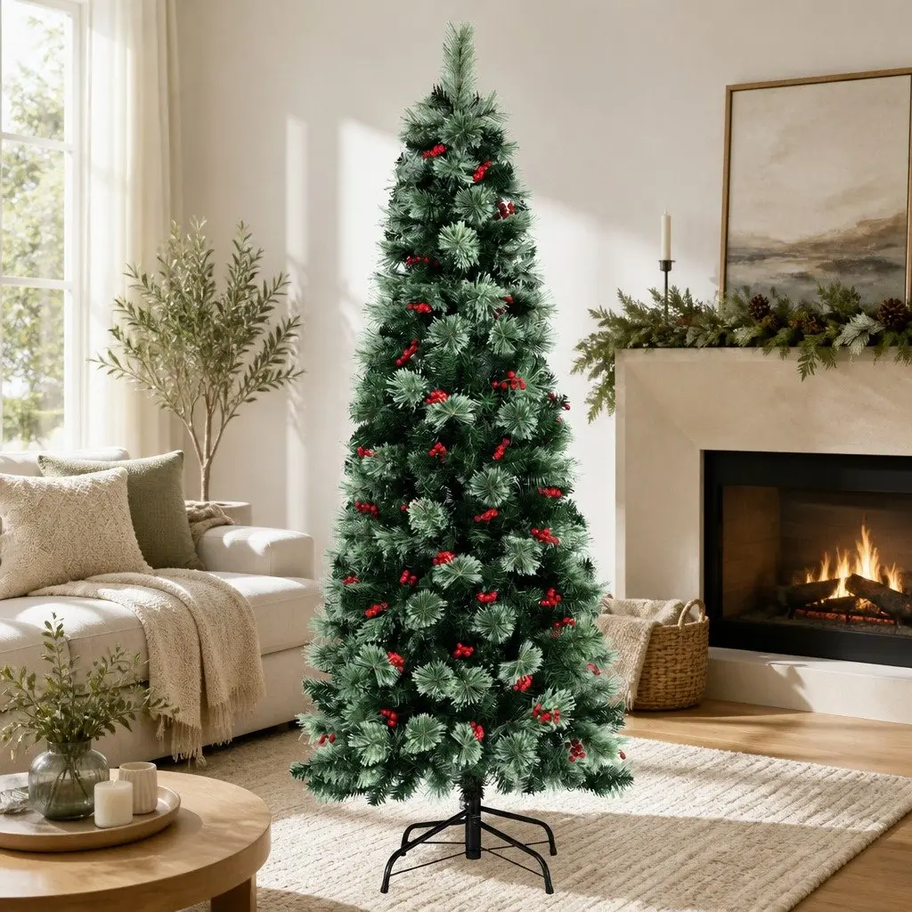 Christmas Tree 180cm LED Pre-lit Pine Tree with Red Berries for Home Decoration