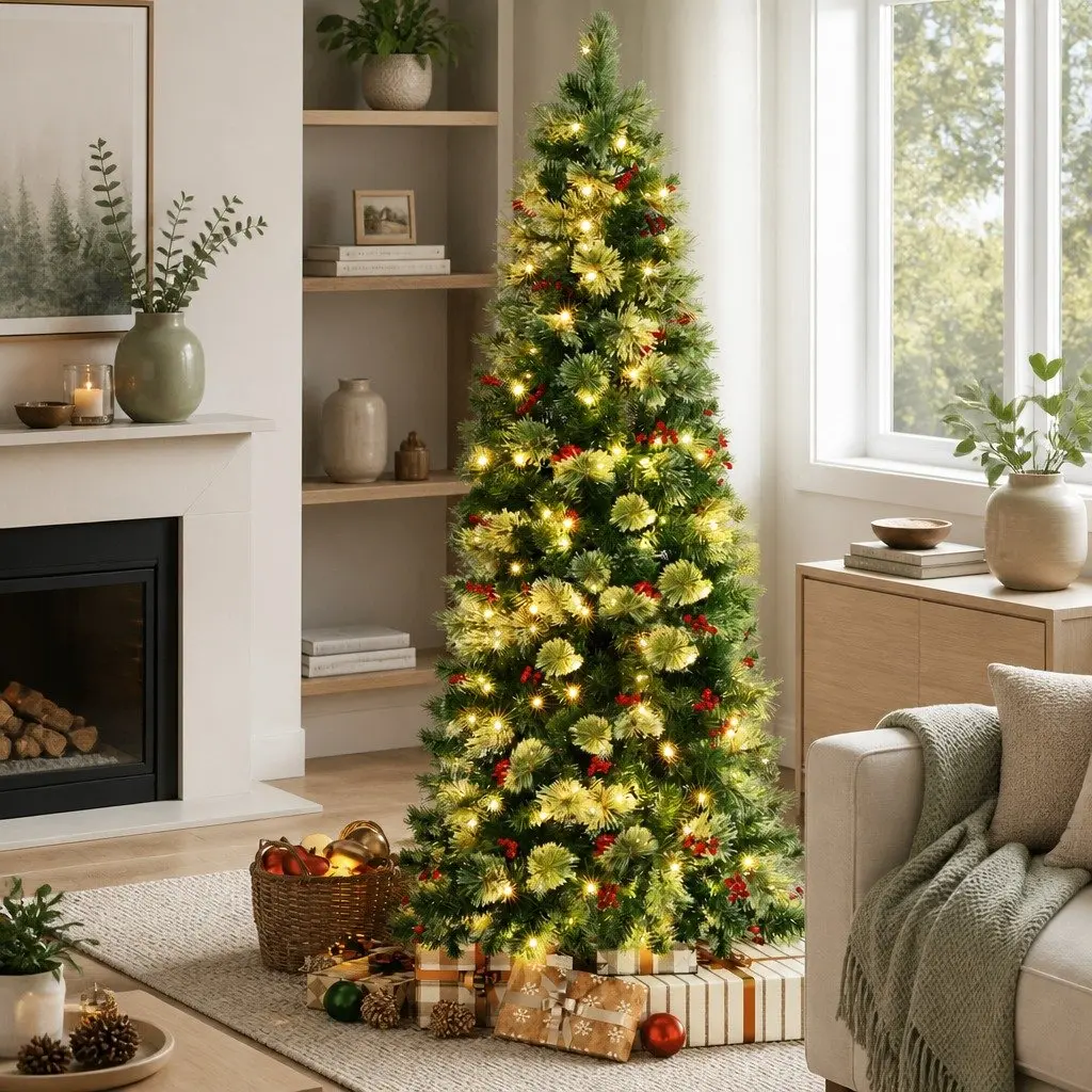 Christmas Tree 180cm LED Pre-lit Pine Tree with Red Berries for Home Decoration