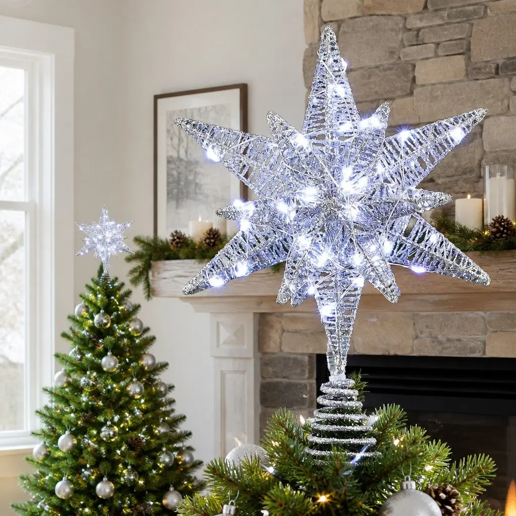 Christmas Tree Topper Star 18x7x27cm LED Light Decoration Timer Indoor Outdoor White