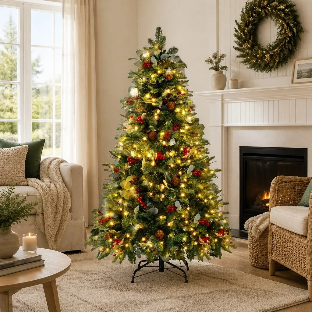 LED Christmas Tree 150cm Pre-lit with 355 Tips Pine Cones and Red Berries for Home Office Holiday Decoration