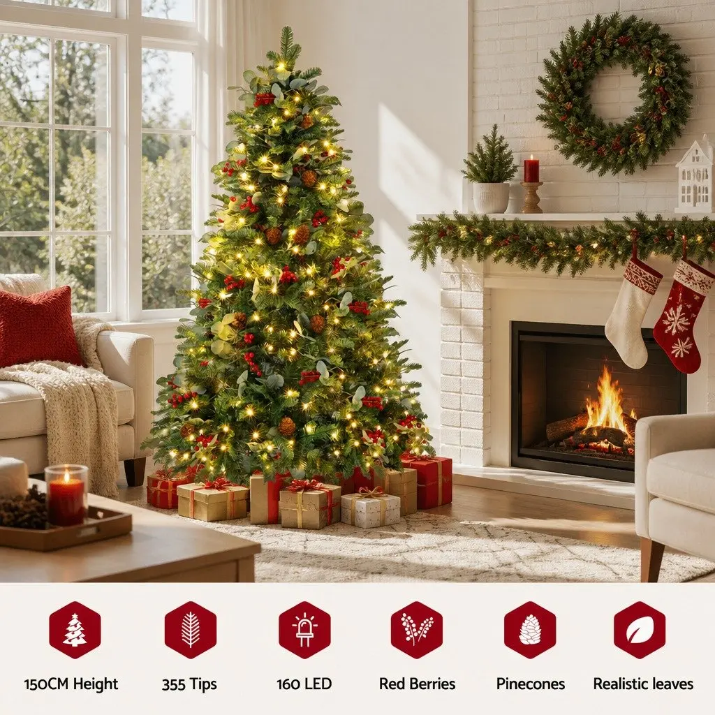 LED Christmas Tree 150cm Pre-lit with 355 Tips Pine Cones and Red Berries for Home Office Holiday Decoration