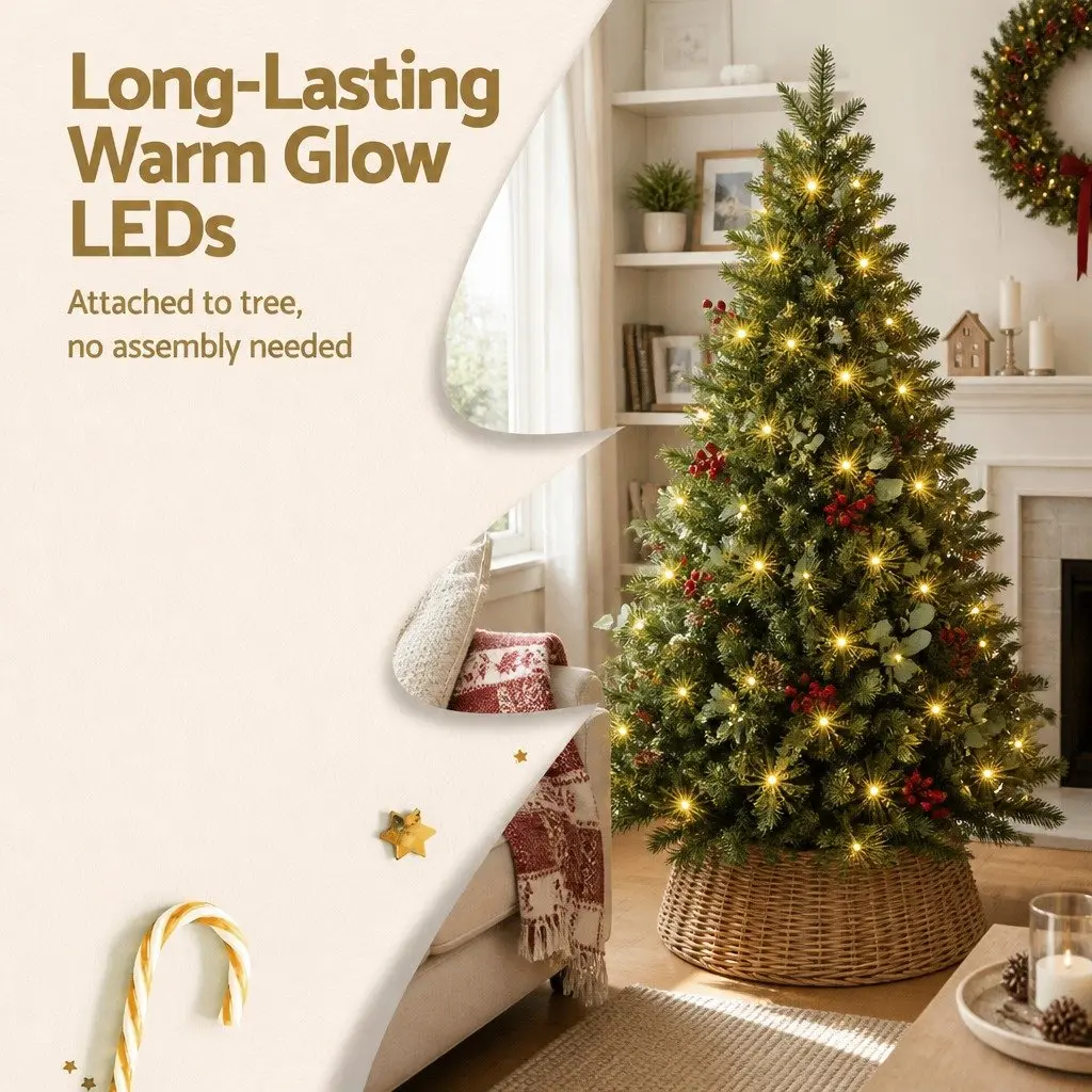 LED Christmas Tree 150cm Pre-lit with 355 Tips Pine Cones and Red Berries for Home Office Holiday Decoration