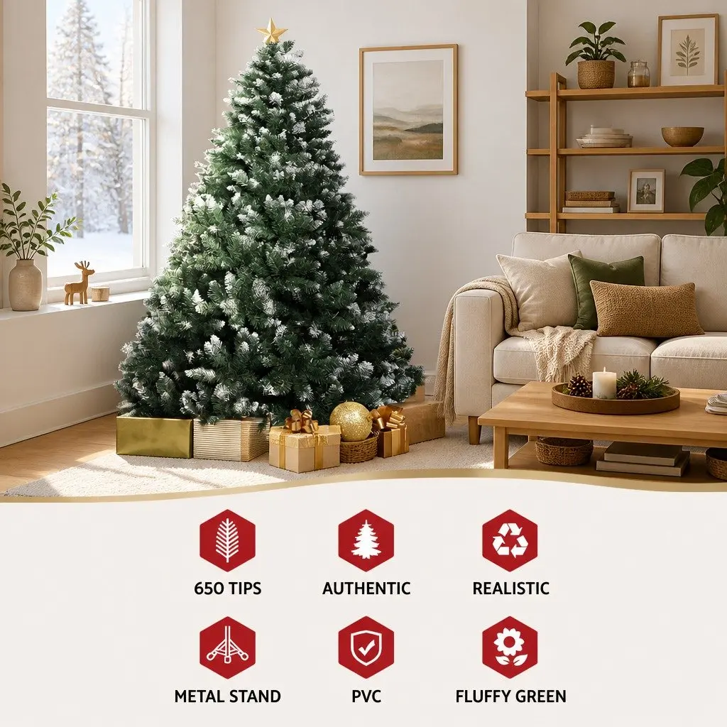 Christmas Tree 1.8m Snowy Green Faux Fir 650 PVC Tips Holiday Decoration