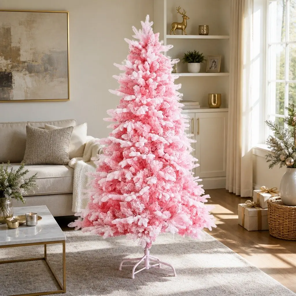 Christmas Tree 1.8m Pink Snow Flocked with White Tips for Party Home Decor