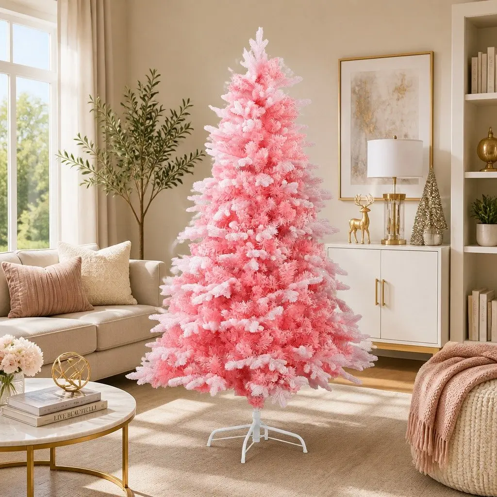 Christmas Tree 1.8m Pink Snow Flocked with White Tips for Party Home Decor