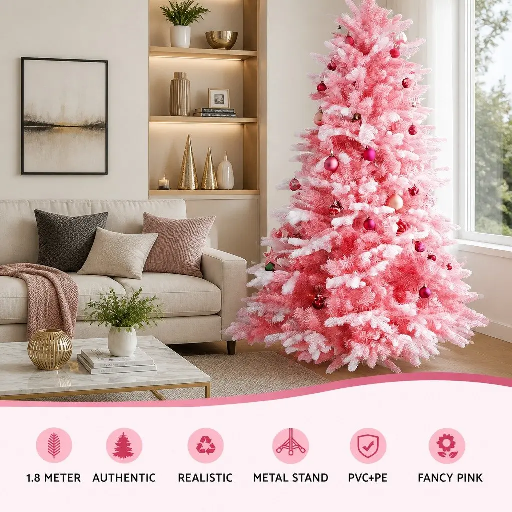 Christmas Tree 1.8m Pink Snow Flocked with White Tips for Party Home Decor