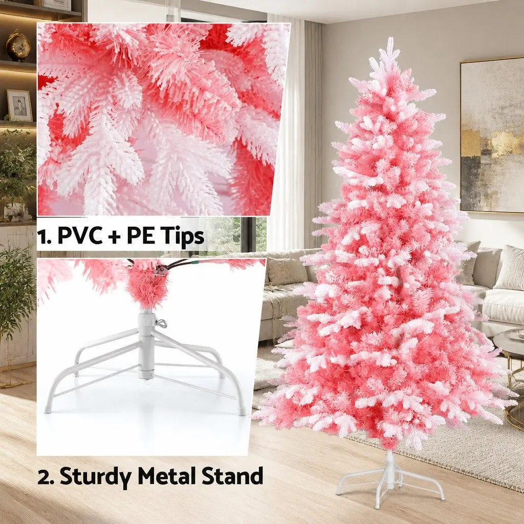 Christmas Tree 1.8m Pink Snow Flocked with White Tips for Party Home Decor
