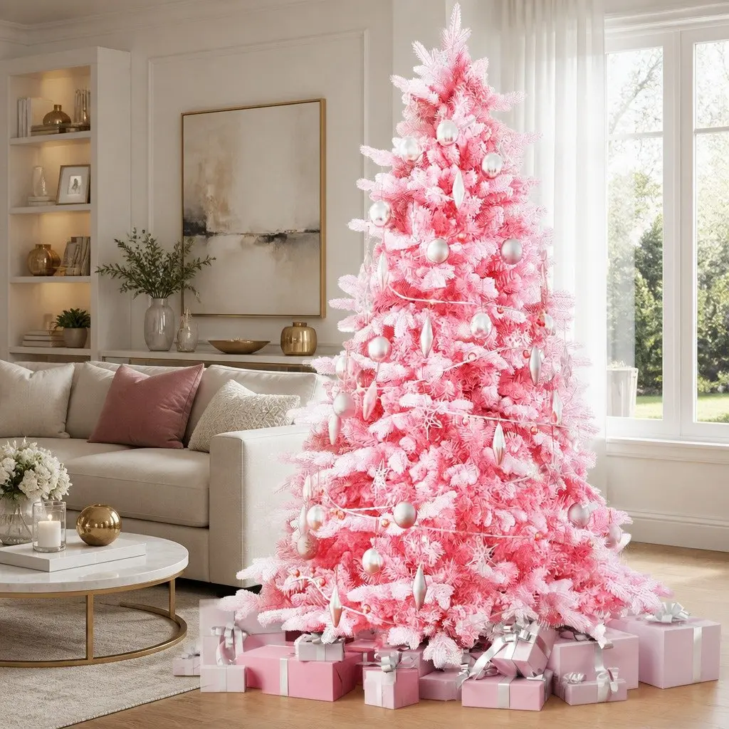 Christmas Tree 1.8m Pink Snow Flocked with White Tips for Party Home Decor