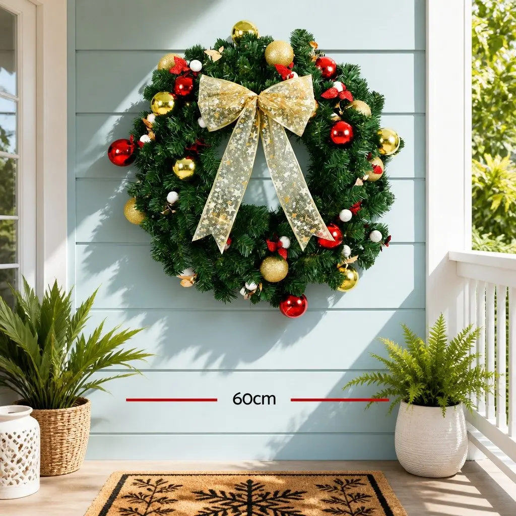 Christmas Wreath 60cm Prelit LED Green Baubles Berries Bow Decor