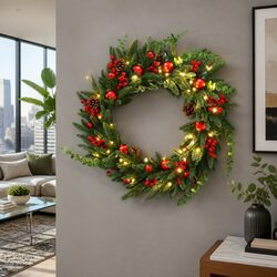 60cm LED Christmas Wreath with Pine Cones and Red Berries