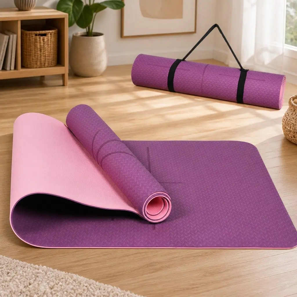 Purple Yoga Mat 6mm Thick with Non-Slip Surface and Body Alignment Lines