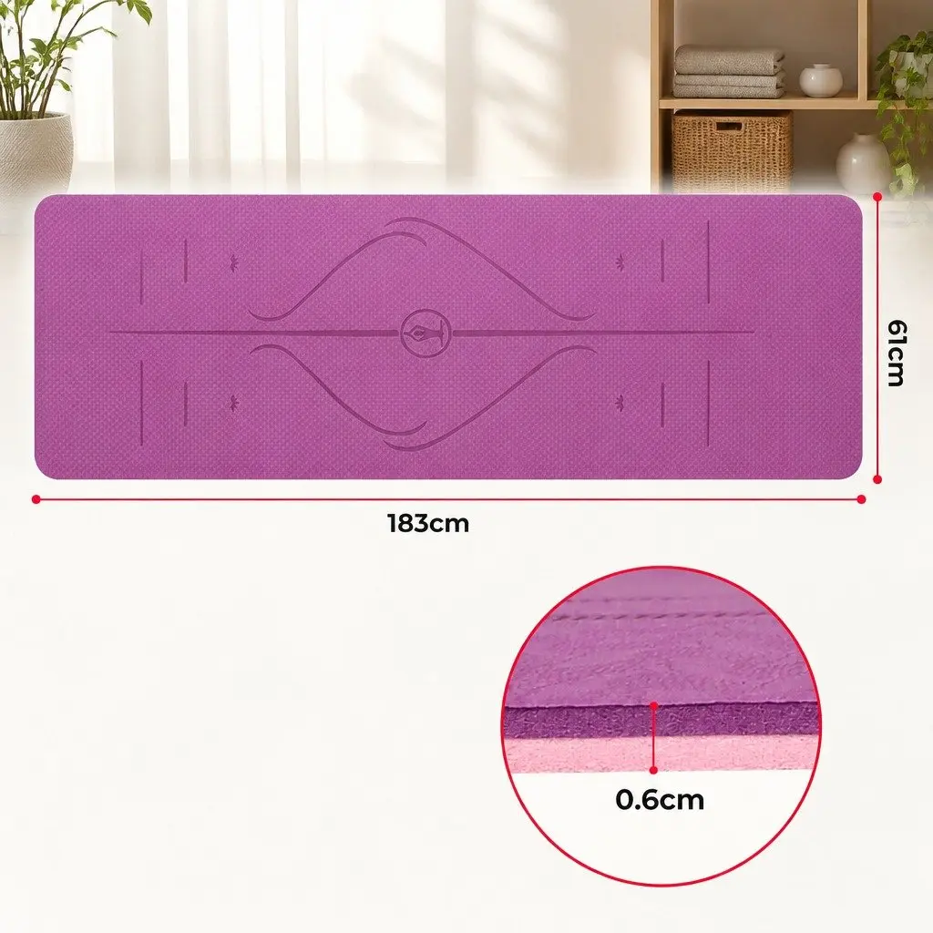 Purple Yoga Mat 6mm Thick with Non-Slip Surface and Body Alignment Lines