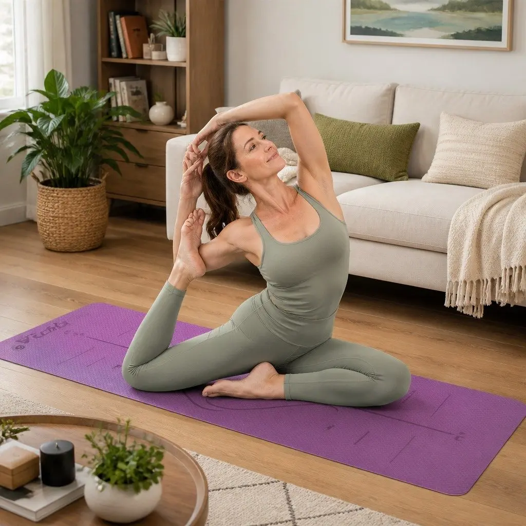 Purple Yoga Mat 6mm Thick with Non-Slip Surface and Body Alignment Lines