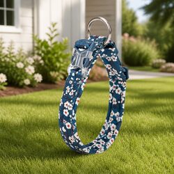 Floral Padded Dog Collar Medium Blue with O Ring Snap Buckle Easy Secure
