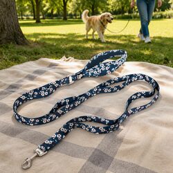 Floral Design Dog Lead Multi Handle Blue M Size Pet Walking Leash