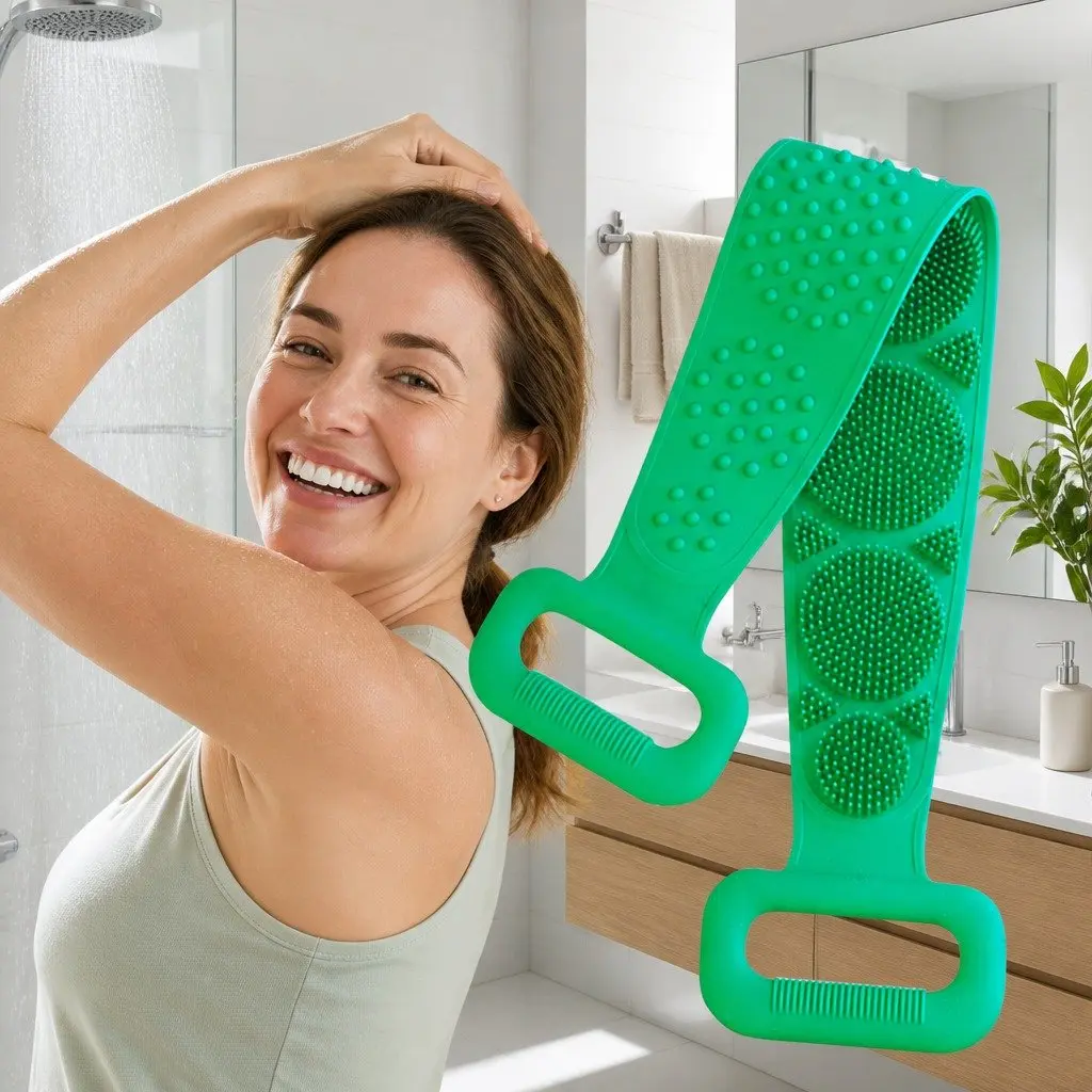 Exfoliating Back Scrub Strap Shower Body Cleaner Tool 60cm Soft Bristles Ergonomic Handle