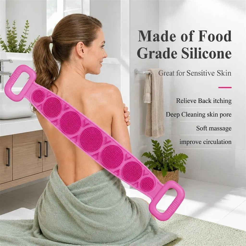 Exfoliating Back Scrub Strap Shower Body Cleaner Tool 60cm Soft Bristles Ergonomic Handle