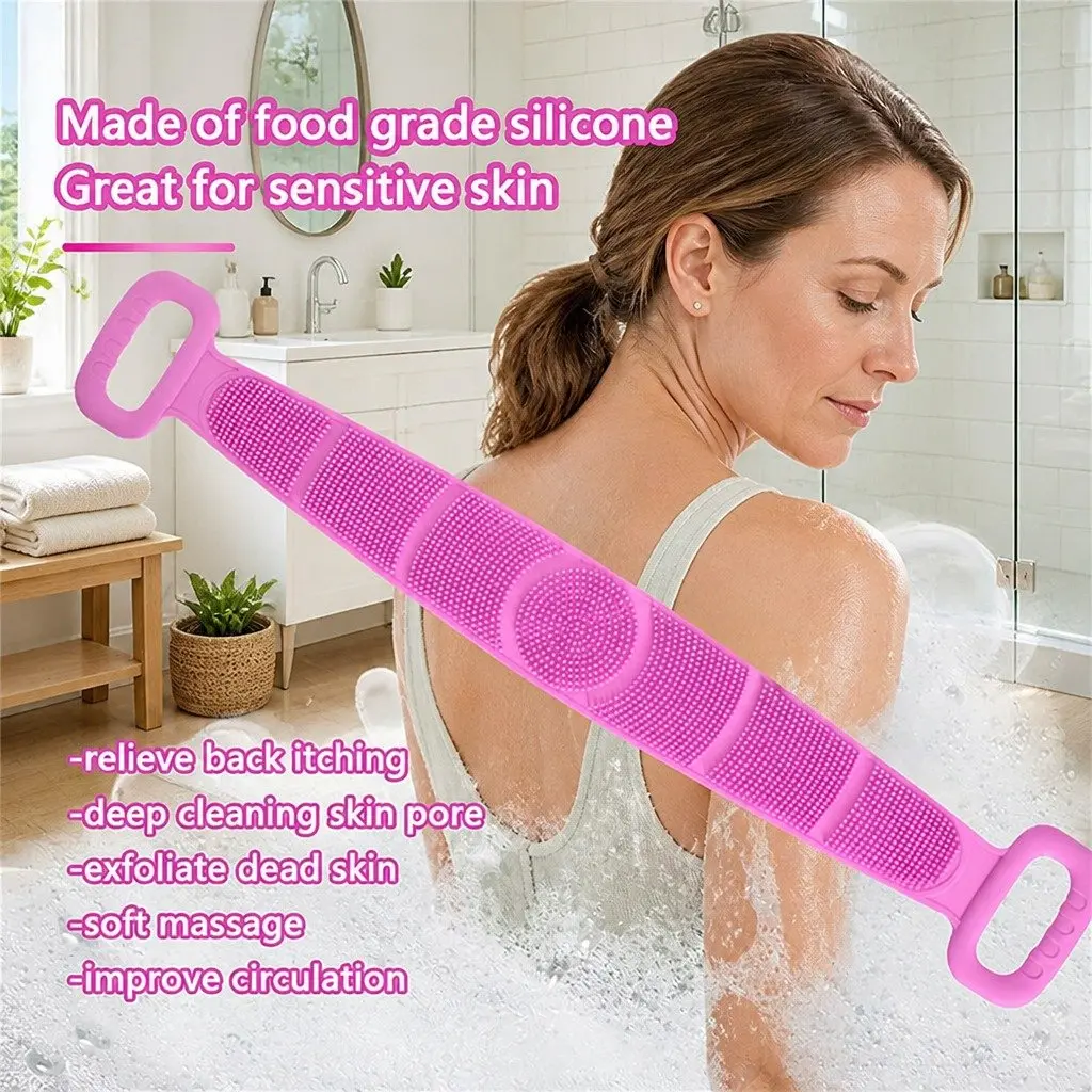 Silicone Back Scrub Strap 60x11cm Exfoliating Body Shower Brush Purple