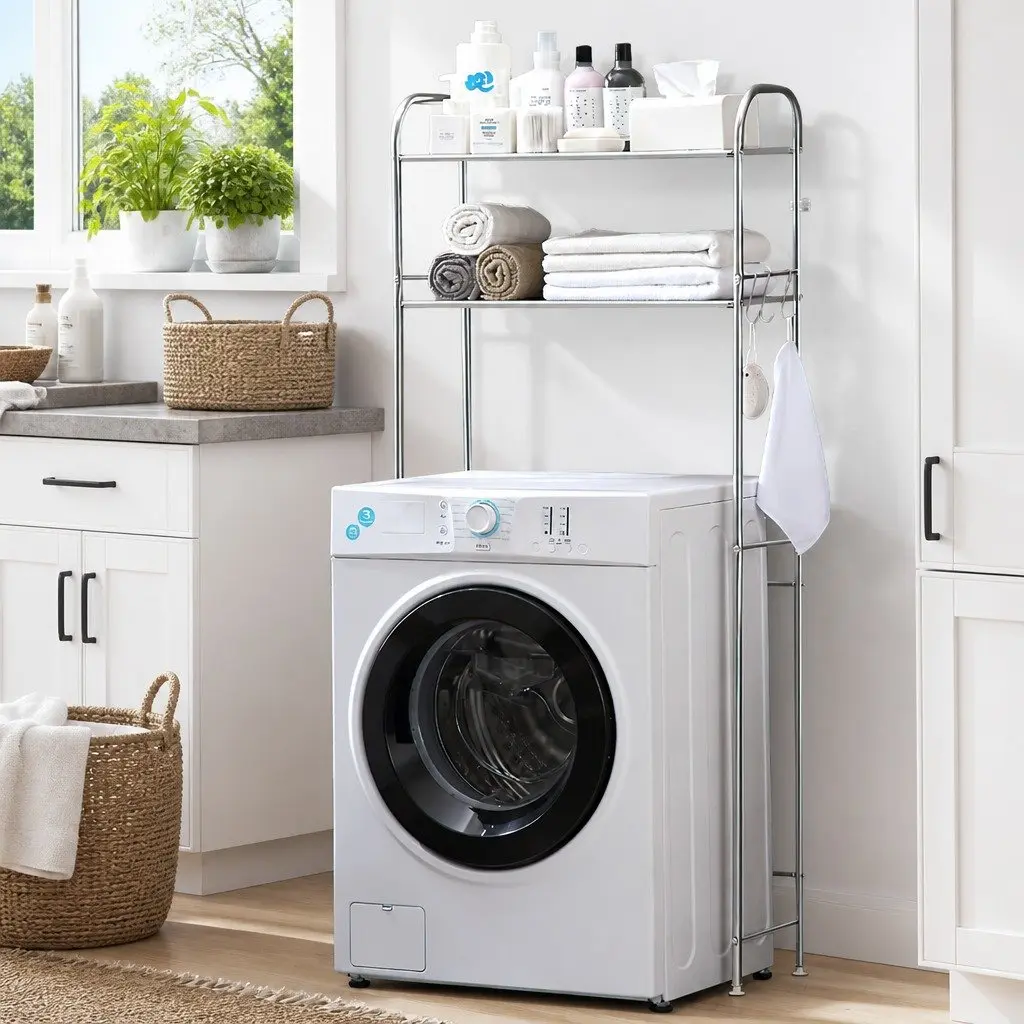 2-Tier Storage Rack Stainless Steel Space Saver for Washing Machine and Bathroom Essentials