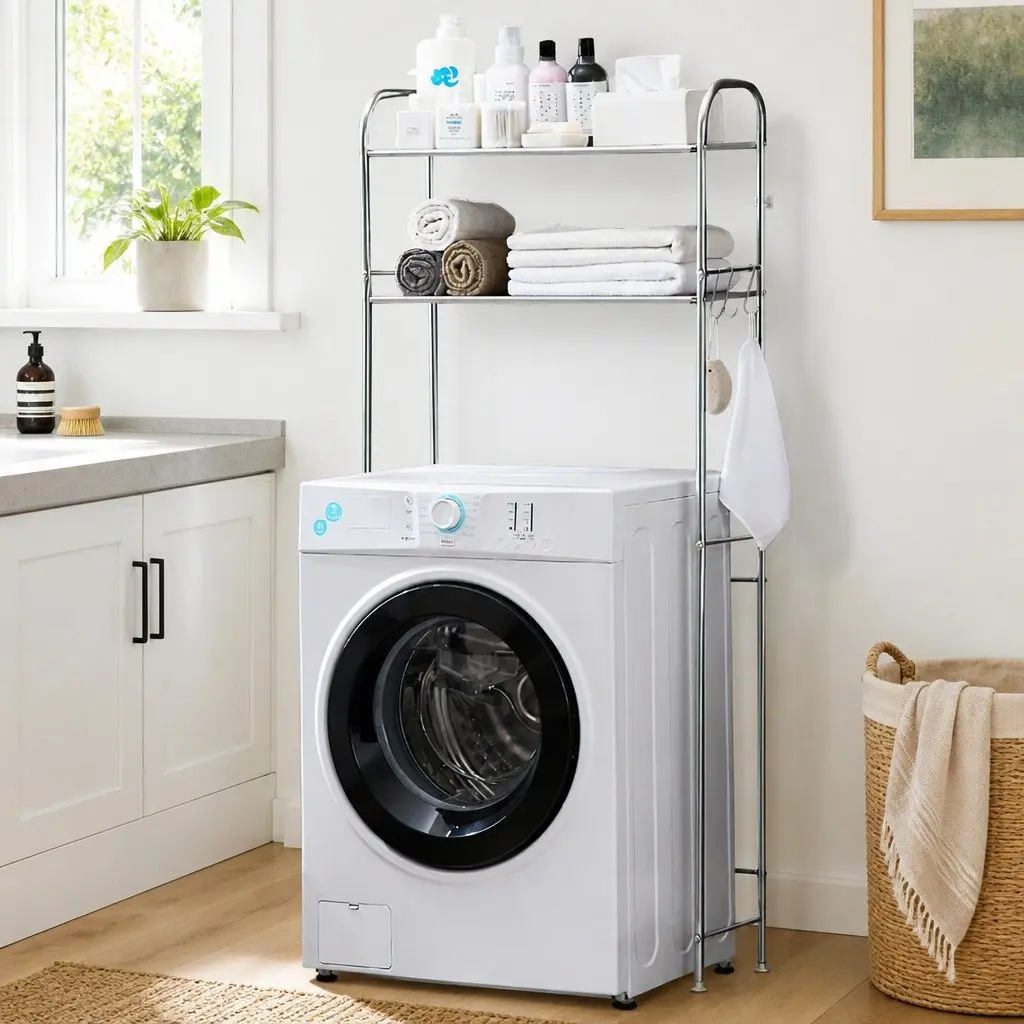 2-Tier Storage Rack Stainless Steel Space Saver for Washing Machine and Bathroom Essentials