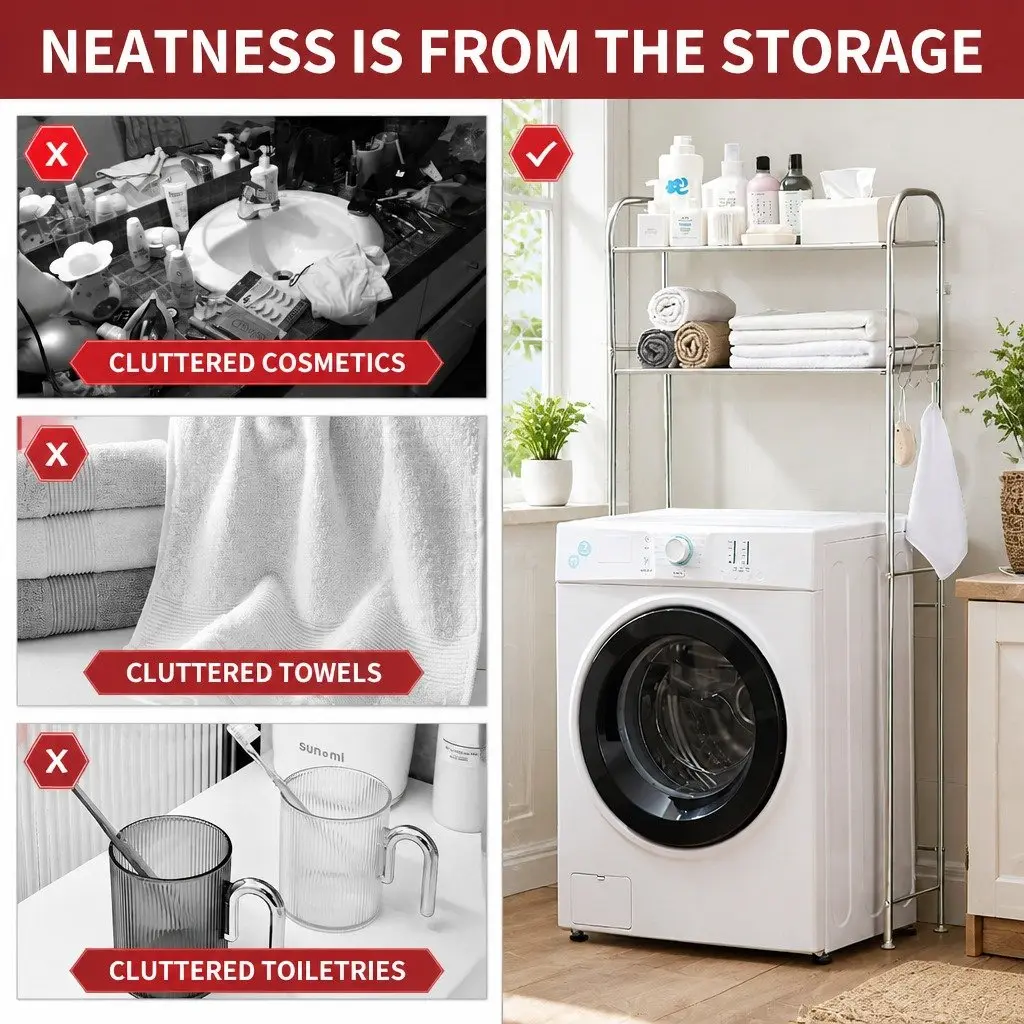 2-Tier Storage Rack Stainless Steel Space Saver for Washing Machine and Bathroom Essentials
