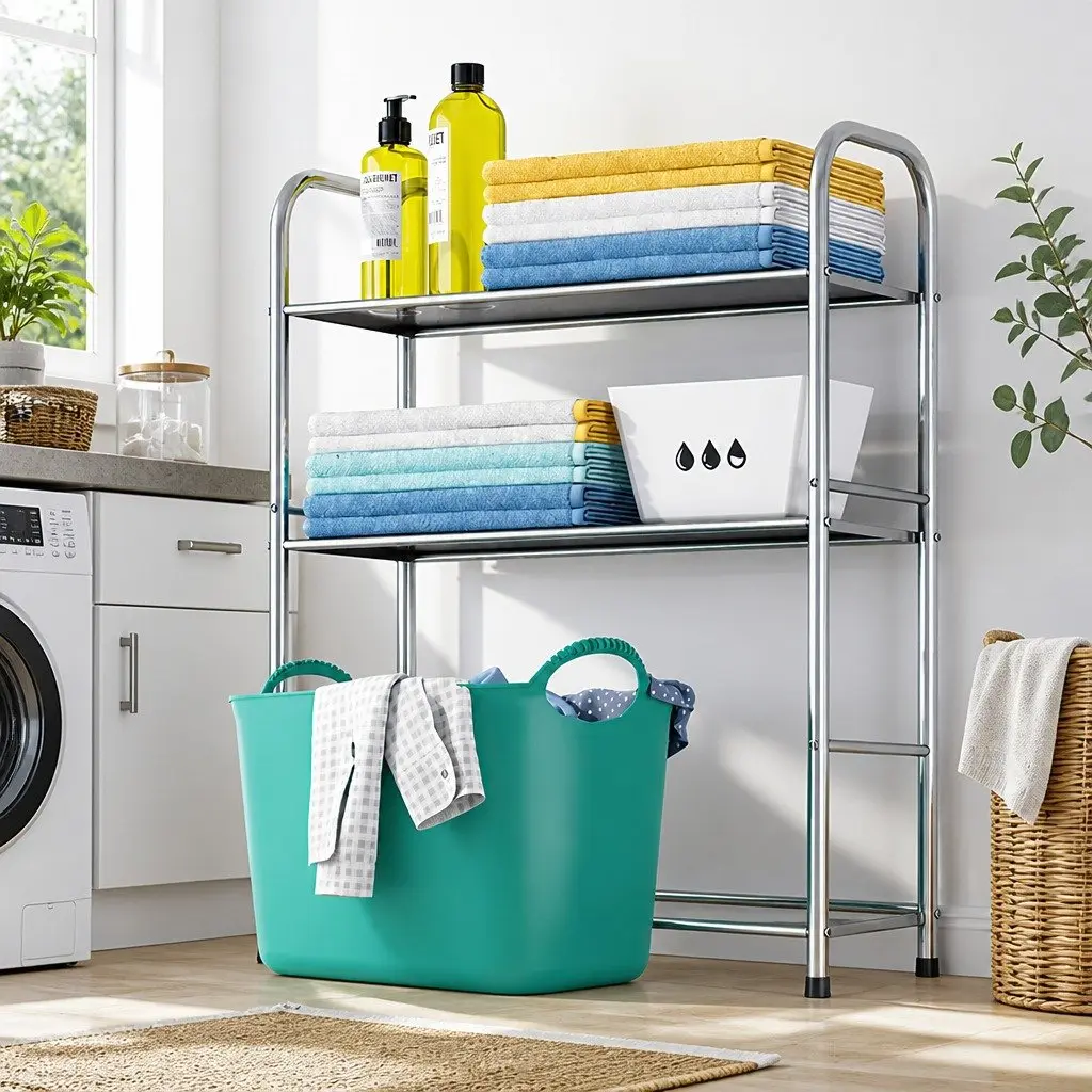 2-Tier Storage Rack Stainless Steel Space Saver for Washing Machine and Bathroom Essentials