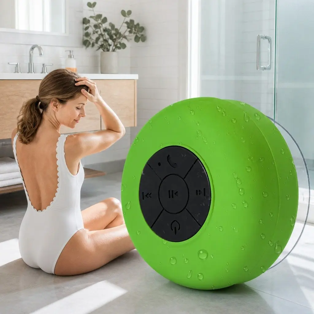 Portable Bluetooth Speaker Green Suction Cup Waterproof Hands-Free Stereo Sound