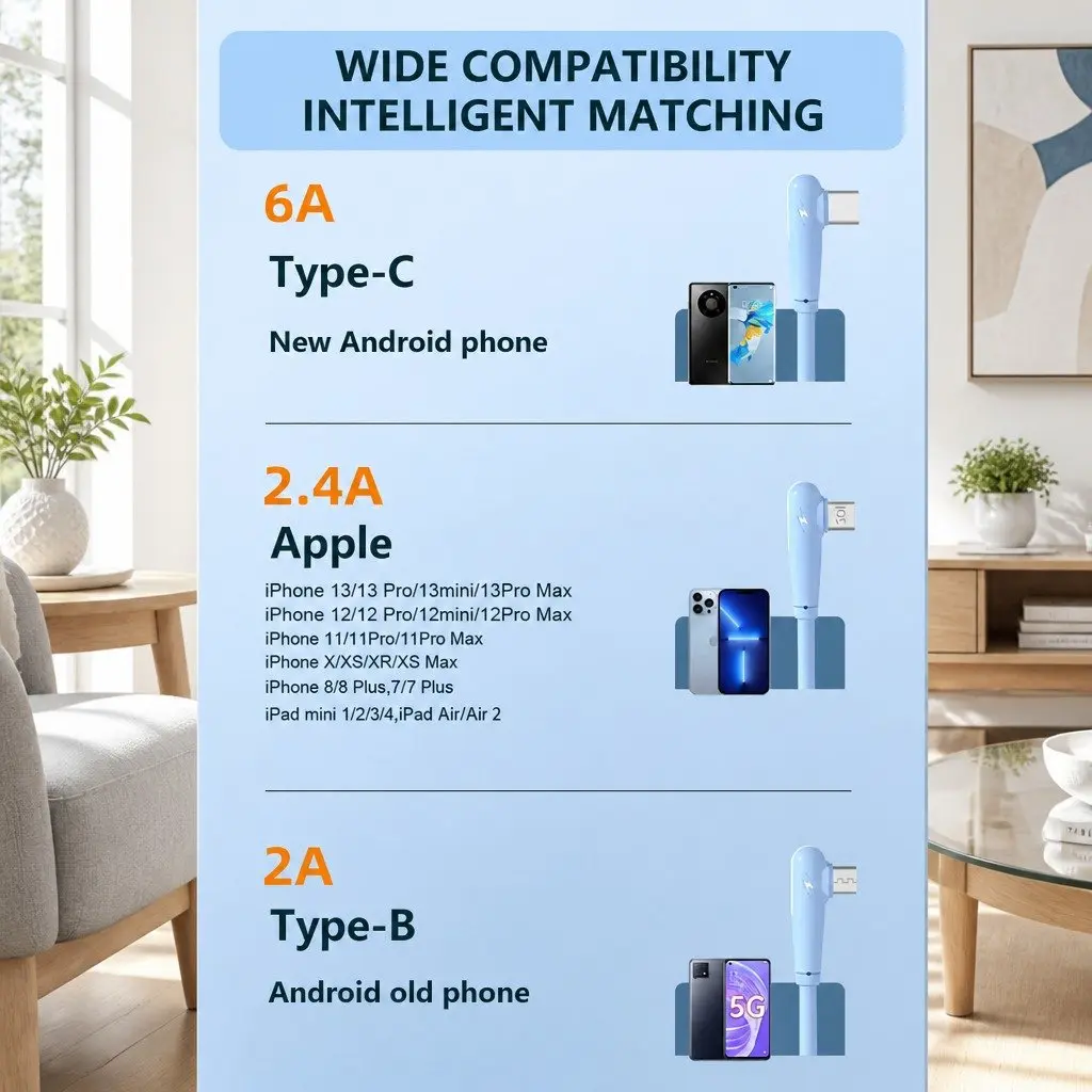 66W Fast Charging 3-in-1 Data Cable Elbow Liquid Silicone Blue