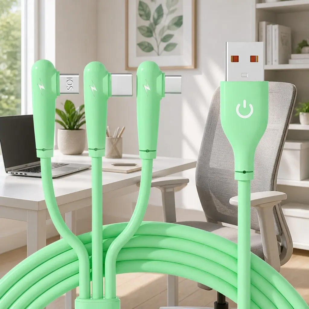 66W Fast Charging 1.8m Three-In-One Data Cable Elbow Liquid Silicone Green