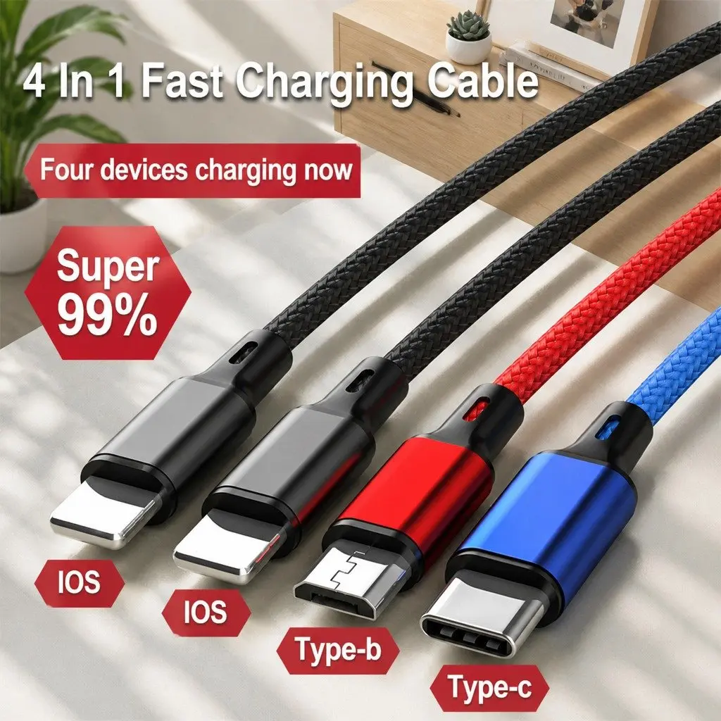 4-in-1 USB Charging Cable Nylon Woven Fast Charge Multi Device