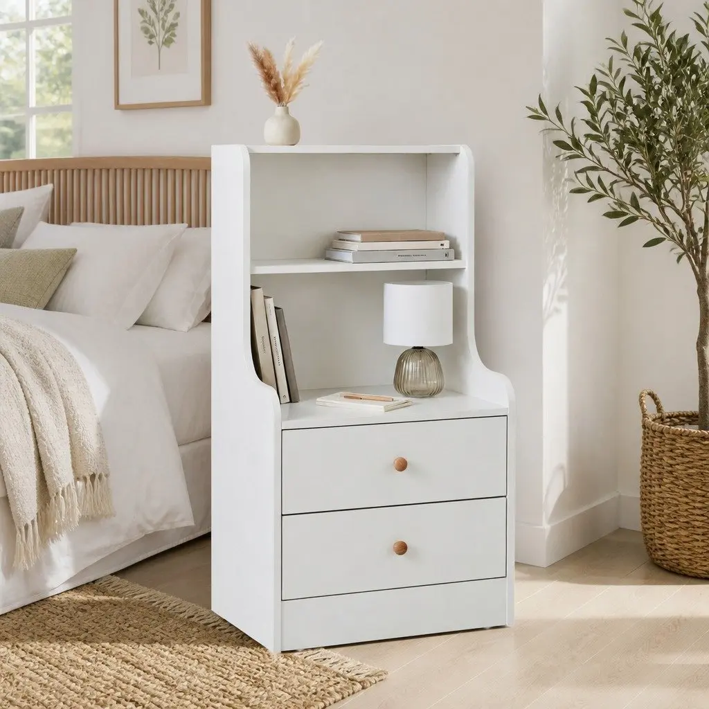 Bedside Table 83x32x60cm White Finish 2 Drawers 2 Open Shelves