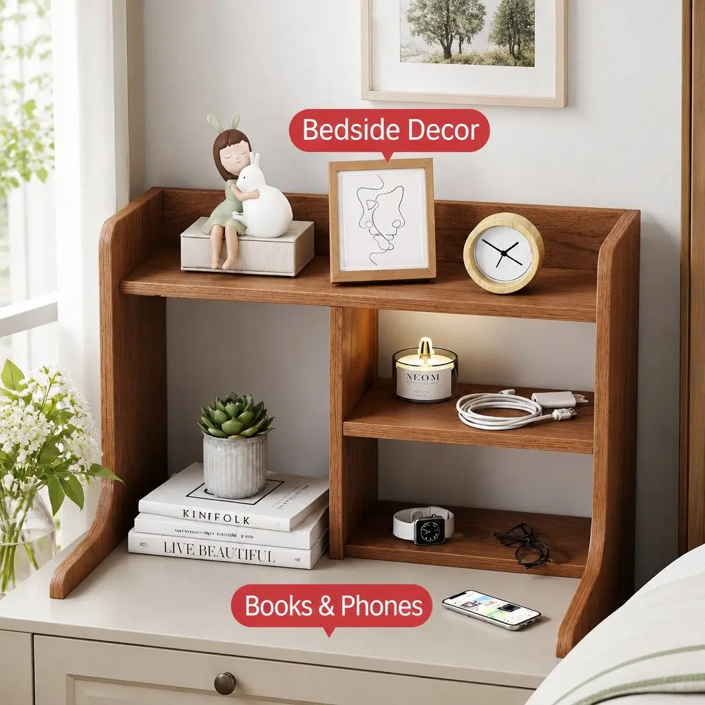 Bedside Table 70cm Reddish Brown Wood Grain Finish with 2 Drawers and Compartment