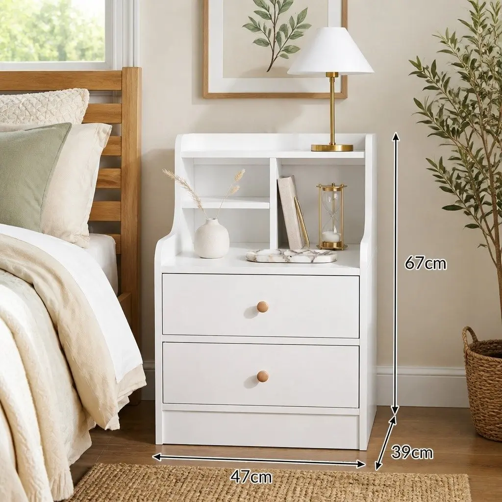 White Bedside Table Nightstand with 2 Drawers and Curved Sides 67cm