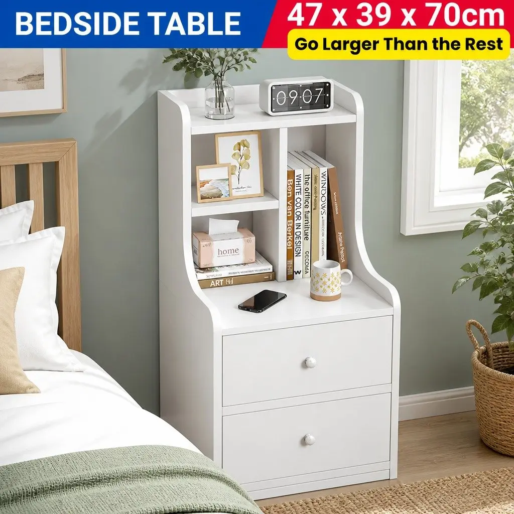 White Bedside Table Nightstand with 2 Drawers and Curved Sides 67cm