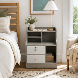 Bedside Table Nightstand with Drawer Open Shelf Storage Light Gray 70cm