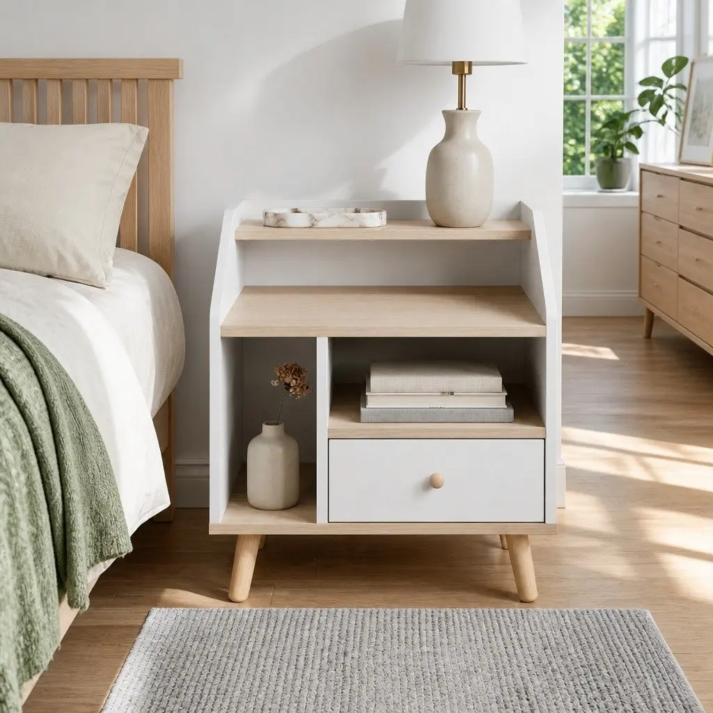 Bedside Table White with 1 Drawer and Open Shelves