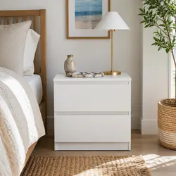 Warm White Nightstand with Double Drawer Storage for Modern Spaces