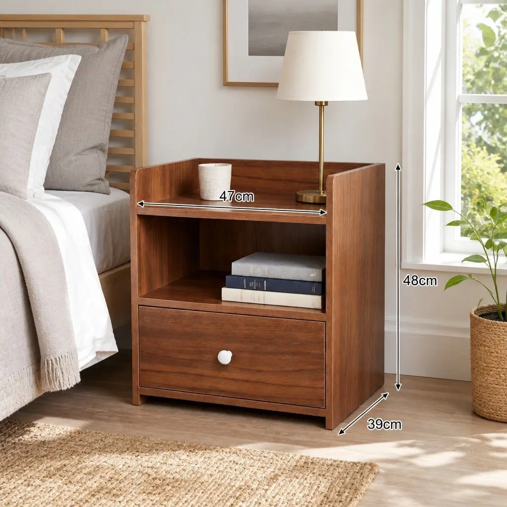 Bedside Table 48cm Walnut Finish Drawer and Open Shelf