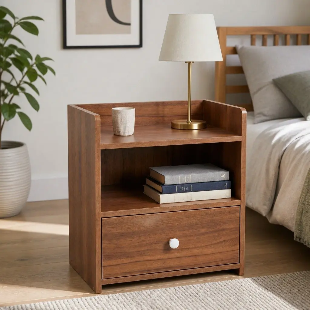 Bedside Table 48cm Walnut Finish Drawer and Open Shelf