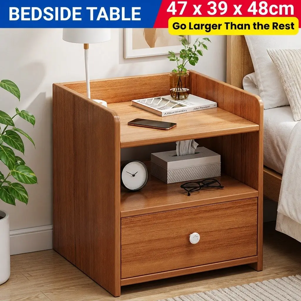 Bedside Table 48cm Walnut Finish Drawer and Open Shelf